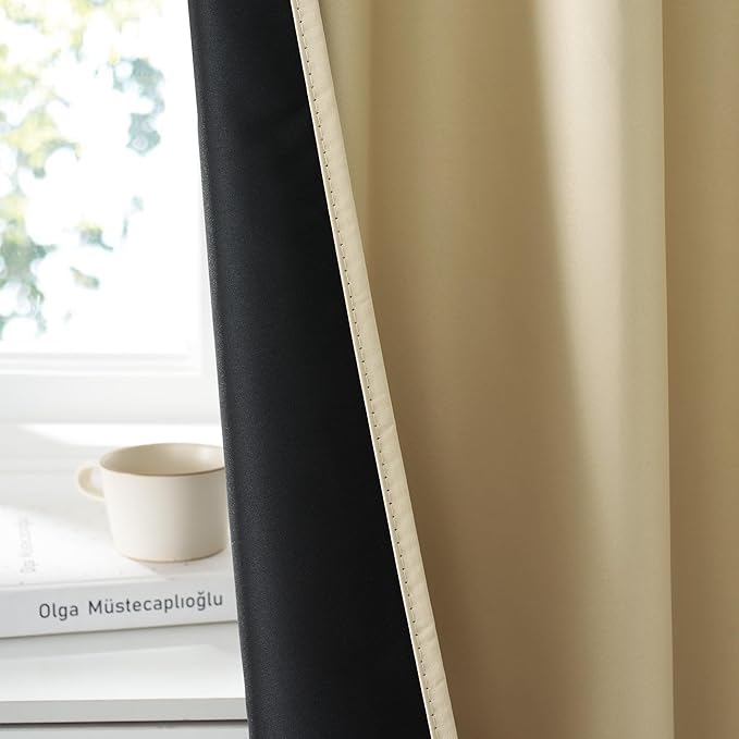 RYB HOME 100% Blackout Short Curtains for Small Window, Thermal Insulated Total Room Darkening Noise Reducing Curtains for Kitchen Bathroom Basement, 34 inches Wide by 45 inches Long, Biscotti Beige