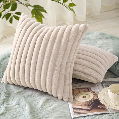 decorUhome Summer Cozy Faux Fur Throw Pillow Covers 16x16 Set of 2 Decorative Soft Plush Striped Modern Farmhouse Boho Couch Pillow Cases with Velvet Back for Sofa Bed Living Room, Beige