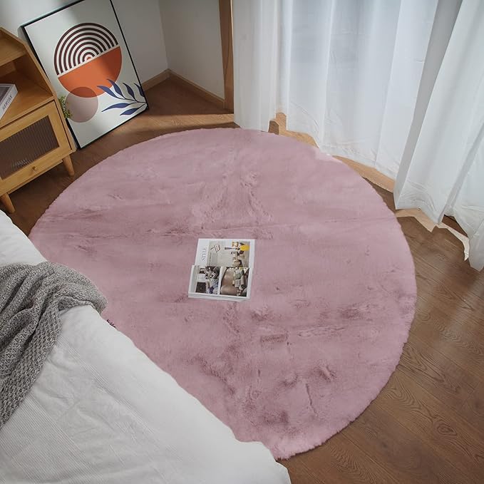 Ghouse Faux Rabbit Fur Round Rug 8ft Pink Round Rugs for Bedroom Decor Fluffy Area Rugs for Living Room, no-Shedding Carpet Sheepskin Washable Rug Rome Decor