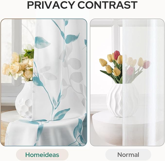 HOMEIDEAS Non-See-Through Teal and White Privacy Sheer Curtains 52 X 96 Inch Length 2 Panels, Leaf Floral Printed Light Filtering Semi Sheer Window Curtains Drapes for Bedroom Living Room
