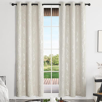 Deconovo Beige Blackout Curtains, Boho Farmhouse Curtain, Thermal Insulated Soundproof Drapes, Silver Branch Print, 42 x 84 Inch Long, Machine Washable Window Panels for Living Room Bedroom, Set of 2