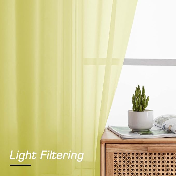 Simplebrand Lemon Short Sheer Curtains 45 Inch Length for Small Windows, Rod Pocket 2 Panels Set Solid Voile Drapes Window Sheer Curtains for Bedroom Bathroom Kids Room Kitchen, 42x45 Inch, Lemon