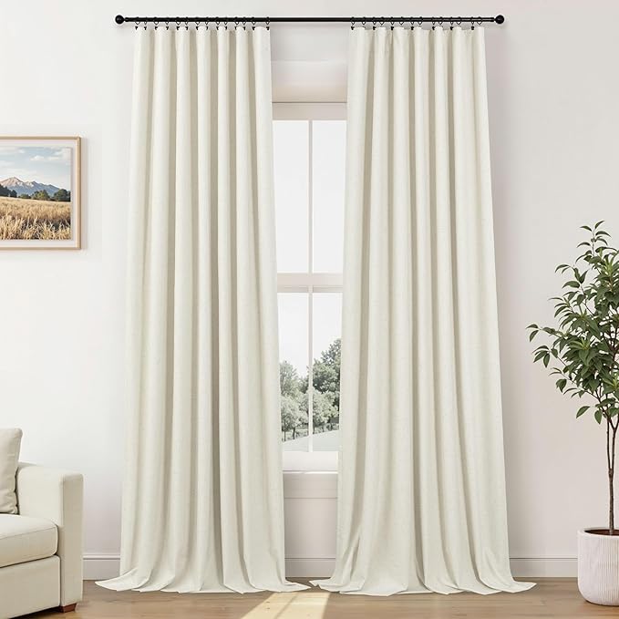 Custom 105 Inch Curtains for Nursery Cute Extra Long 100 Percent Blackout Kids Curtains Cream 2 Panel Burg Faux Linen Light Sun Blocking Dark Out Heavy Duty Fabric Thick Aesthetic Baby Room Darkening