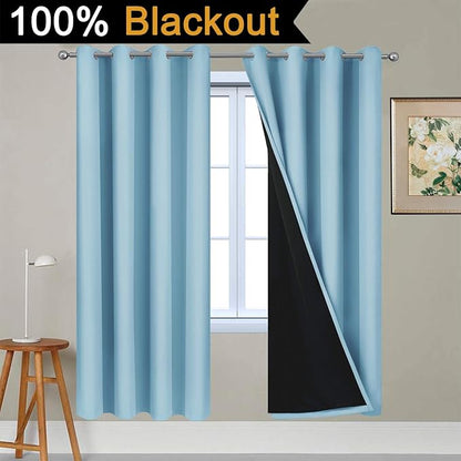Yakamok 100% Blackout Lined Panels, Thermal Insulated Blackout Curtains for Bedroom, Heat Blocking Drapes for Living Room(52Wx72L, Sky Blue, 2 Panels)