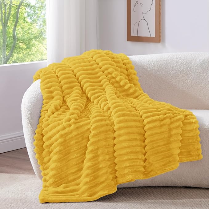 BEDELITE Fleece Throw Blanket for Couch - 300GSM Soft & Warm Fluffy Yellow Blanket, Decorative and Giftable Striped Blankets for Women, Men, 50"x60"