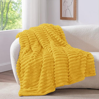 BEDELITE Twin Blanket for Couch & Bed, 300GSM Soft & Warm Fleece Blanket, Decorative and Giftable Striped Light Yellow Blankets for Women, Men, 60"x80"
