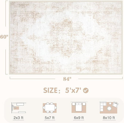 Area Rug 5x7 Vintage Rug: Washable Living Room Rugs Retro Medallion Distressed Large Rugs Soft Low Pile Non-Slip Indoor Floor Carpet for Bedroom Kitchen Nursery Dining Table Office (Beige, 5'x7')