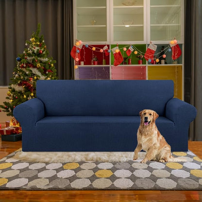 KEKUOU Stretch Sofa Cover Slipcover ，Couch Covers for 3 Cushion Couch Sofa pet Friendly (78"-94") Furniture Protector Sofa with Elastic Bottom for Kids,Dog, Jacquard Small Checked(Large,Navy Blue)