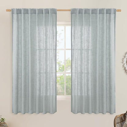 LAMIT Faux Linen Curtains 63 inches Long for Bedroom, Back Tab and Rod Pocket Linen Drapes Light Filtering Semi Sheer Curtains for Small Window/Farmhouse, 2 Panels (52 x 63 Inch, Greyish Blue)