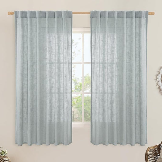 LAMIT Faux Linen Curtains 63 inches Long for Bedroom, Back Tab and Rod Pocket Linen Drapes Light Filtering Semi Sheer Curtains for Small Window/Farmhouse, 2 Panels (52 x 63 Inch, Greyish Blue)