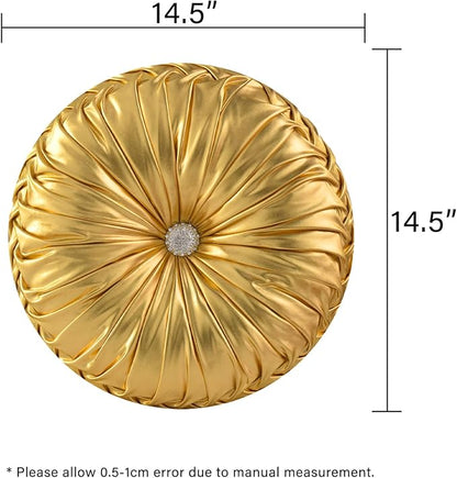 HIG Set of 2 Handcrafted Gold Ruched Round Throw Pillows – 14.5’’ Metallic Leather Decorative Pillows with Soft Polyester Filling for Couch, Bed, Living Room, Bedroom, or Dorm