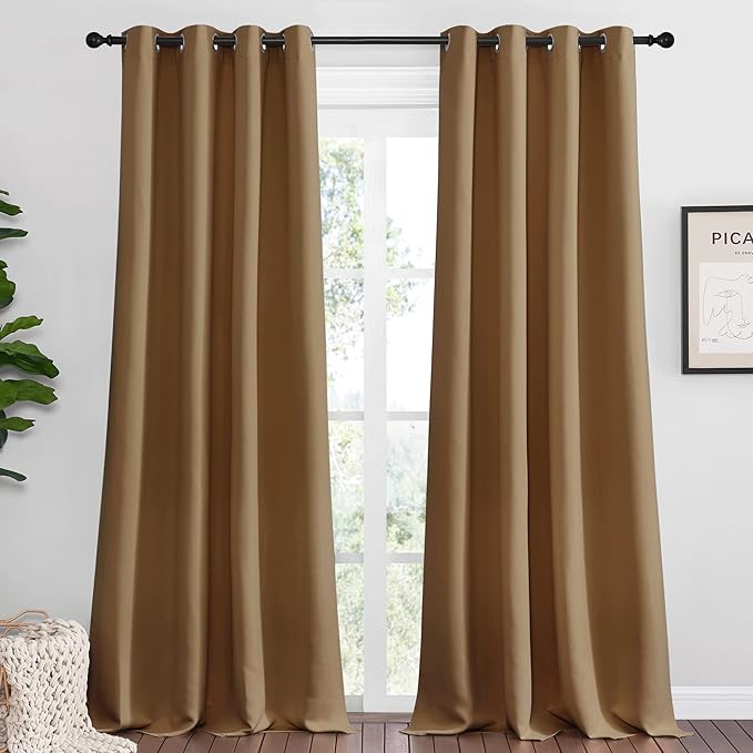 NICETOWN Sleek Blackout Curtains 96 inches Length for Windows, Noise Reducing and Block Draft Panels for Door Doorway Laundry Office Luxury Decor Theme (2 Panels, Gold Brown, W55 x L96 -Inch)