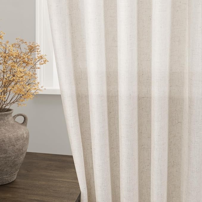Beige Linen Curtains 63 Inches Long for Bedroom Back Tab Light Filtering Privacy Sheer Curtains Modern Farmhouse Coastal Decor Linen Cotton Textured Gauze Curtain for Bathroom 2 Panel Set 42x63