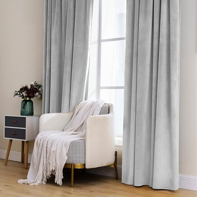 MIULEE Greyish White Velvet Curtains 108 inches Long 2 Panels - Luxury Blackout Curtains for Bedroom Living Room Thermal Insulated Fall Decor Super Soft Window Drapes Rod Pocket & Back Tab