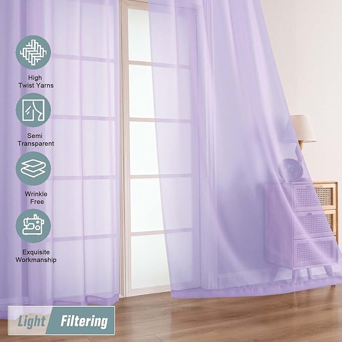 Lavender Sheer Curtains for Window 72 inches Long 2 Panels Set, Soft Airy Modern Light Filtering Sheer Curtains for Living Room Bedroom, Dual Rod Pocket Solid Window Drapes, 2x42Wx72L inches