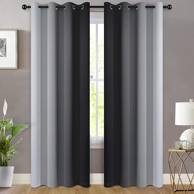 Yakamok Light Blocking Grommet Ombre Curtains,Symmetrical Gradient Color Curtains, Room Darkening Drapes for Bedroom (Black and Greyish White, 52x96 Inch, Set of 2)