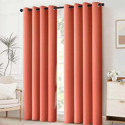 Yakamok Curtains 63 Inch Length Coral Orange Room Darkening Blackout Thermal Insulated Drapes Solid Grommet Top Window Curtain Panels for Girls' Bedroom (52x63 Inch, Coral Orange, One Pair)