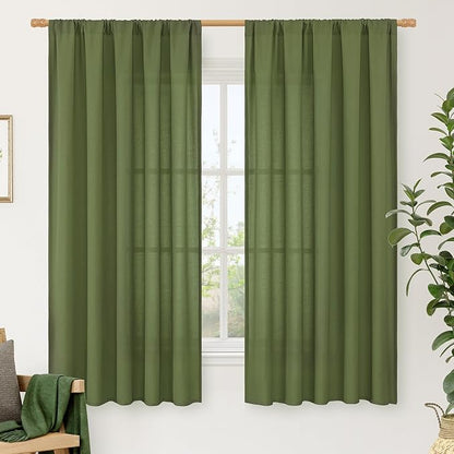 LAMIT Faux Linen Curtains 63 inches Long for Bedroom, Rod Pocket Thick Linen Drapes Light Filtering Privacy Window Christmas Decor Curtains for Living Room, 2 Panels (52 x 63 Inch, Olive Green)
