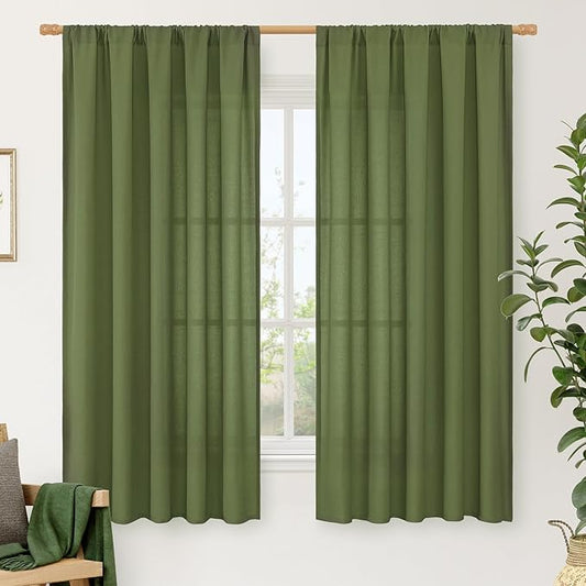 LAMIT Faux Linen Curtains 63 inches Long for Bedroom, Rod Pocket Thick Linen Drapes Light Filtering Privacy Window Christmas Decor Curtains for Living Room, 2 Panels (52 x 63 Inch, Olive Green)