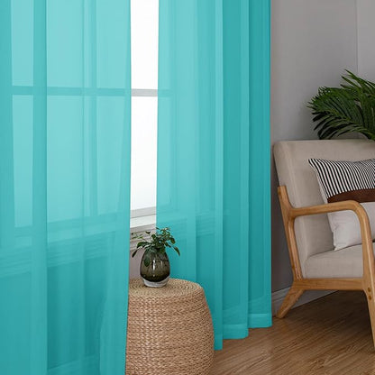 Chyhomenyc Turquoise Sheer Curtains 63 Inch Length 2 Panels, Light Filtering Airy Rod Pocket Window Curtain Treatment Drapes for Bedroom Living, Each 42Wx63L Inches