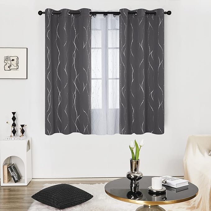 Deconovo Short Curtains Grey, Blackout Kitchen Curtain, Thermal Insulated Soundproof Drapes, Wave Dots Foil Print, 38 x 36 Inches, 2 Panels, Machine‑Washable Privacy Window Panel for Small Windows