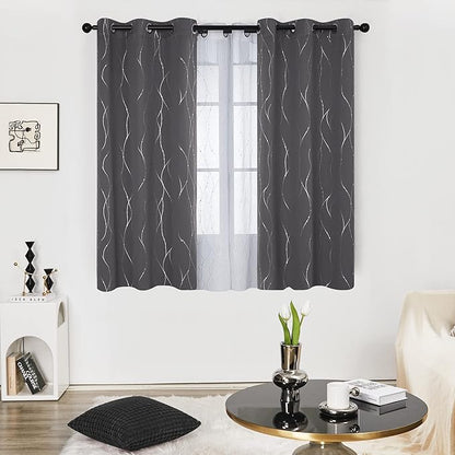 Deconovo Short Curtains Grey, Blackout Kitchen Curtain, Thermal Insulated Soundproof Drapes, Wave Dots Foil Print, 38 x 36 Inches, 2 Panels, Machine‑Washable Privacy Window Panel for Small Windows