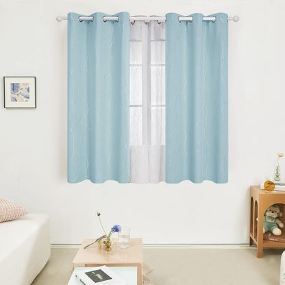 Deconovo Blackout Curtains, Thermal Insulated Soundproof Grommet Drapes, Wave Dot Foil Print, 42 x 45 Inch, Set of 2, Machine Washable Window Panel for Bedroom Living Room Nursery Kitchen, Light Blue