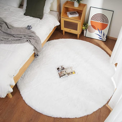 Ghouse Faux Rabbit Fur Round Rug 5 Ft White Round Rugs for Bedroom Decor Fluffy Area Rugs for Living Room, no-Shedding Carpet Sheepskin Washable Rug Rome Decor