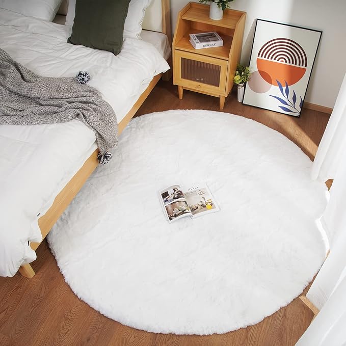 Ghouse Faux Rabbit Fur Round Rug 6ft White Round Rugs for Bedroom Decor Fluffy Area Rugs for Living Room, no-Shedding Carpet Sheepskin Washable Rug Rome Decor