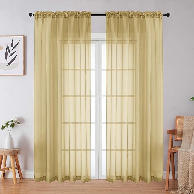 Gold Sheer Curtains 84 Inches Long 2 Panels Set for Bedroom Living Room, Soft Airy Light Filtering Modern Solid Rod Pocket Drapes Window Treatments, Gold, Each 59" W x 84" L