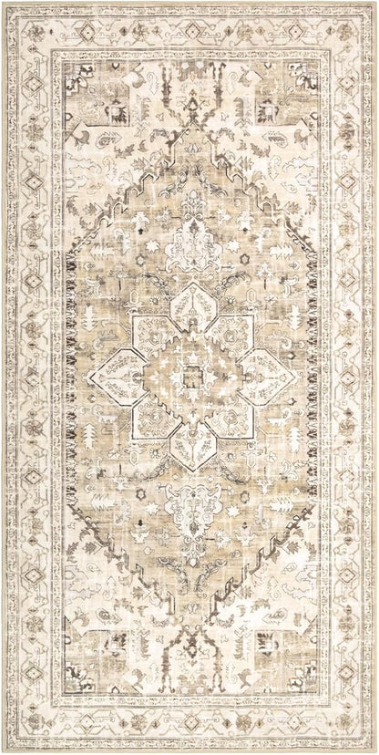 Yamaziot Washable Runner Rug, 3x6 Non-Slip Boho Vintage Hallway Rug with Rubber Backing, Low Pile Faux Wool Distressed Carpet Runner for Bedroom, Kitchen, Laundry, Entrance
