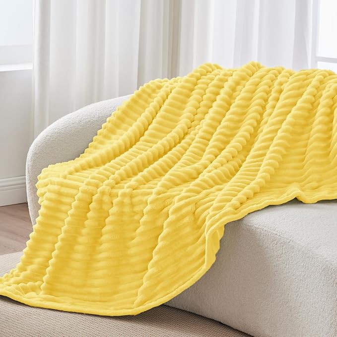BEDELITE Fleece Throw Blanket for Couch - 300GSM Soft & Warm Fluffy Custard Yellow Blanket, Decorative and Giftable Striped Blankets for Women, Men, 50"x60"