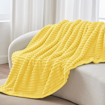 BEDELITE Fleece Throw Blanket for Couch - 300GSM Soft & Warm Fluffy Custard Yellow Blanket, Decorative and Giftable Striped Blankets for Women, Men, 50"x60"