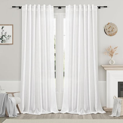 Nanspring White Linen Curtains 90 Inches Long for Bedroom Back Tab Light Filtering Privacy Sheer Curtain Modern Farmhouse Coastal Decor White Cotton Textured Gauze Curtain 2 Panel Set 70x90