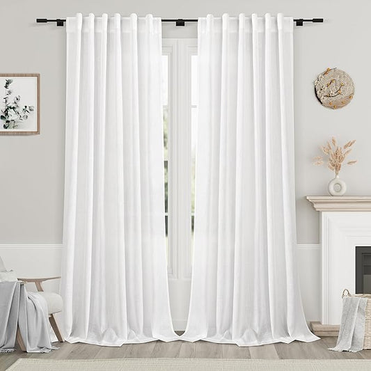 Nanspring White Linen Curtains 90 Inches Long for Bedroom Back Tab Light Filtering Privacy Sheer Curtain Modern Farmhouse Coastal Decor White Cotton Textured Gauze Curtain 2 Panel Set 70x90