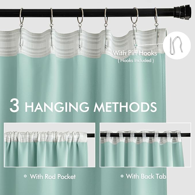 MIULEE Aqua Back Tab Blackout Curtains 108 Inch Long 2 Panels Set for Bedroom, Rod Pocket/Pinch Pleat Extra Long Thermal Insulated Living Room Darkening Pleated Light Blocking Drapes