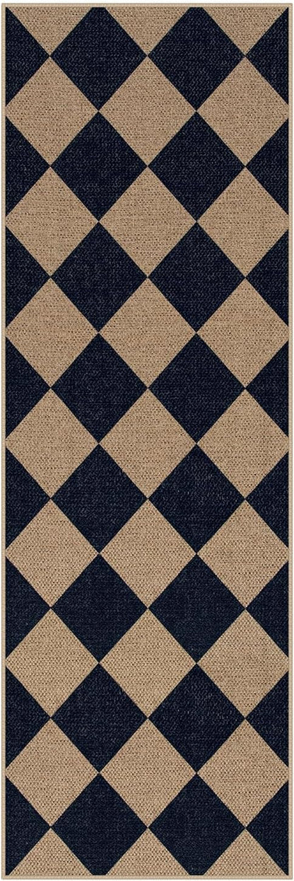 Lahome Colette Checkered Easy Jute Runner Rug, 2x6 Kitchen Mats for Floor Washable Entryway Runner, Checkerboard Black Indoor Outdoor Carpet for Hallway 6ft Entry Laundry