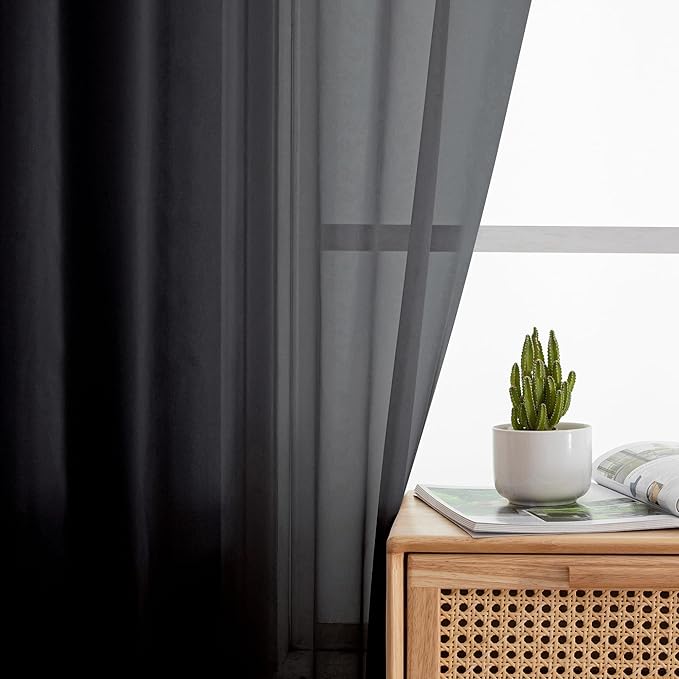 Aiyufeng Black Curtains - Farmhouse Semi Sheer Window Covering, Light & Airy Privacy Panels for Bedroom, Living Room, Patio, Glass Door, 40 inch Width x 45 inch Length, Set of 2