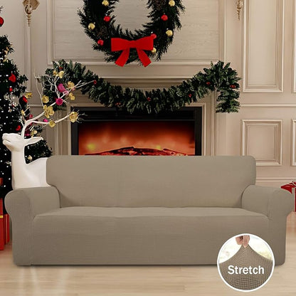 Easy-Going Stretch Oversized Sofa Slipcover 1-Piece Sofa Cover Furniture Protector Couch Soft with Elastic Bottom for Kids, Polyester Spandex Jacquard Fabric Small Checks Natural