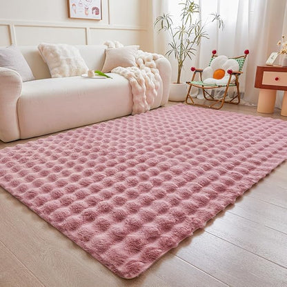 Pink Rabbit Plush Rug 5'x8', Fluffy Faux Fur Shaggy Area Rug for Nursery, Kids Room Decor, Soft Fuzzy Carpet for Living Room, Bedroom, Teen Girls Room