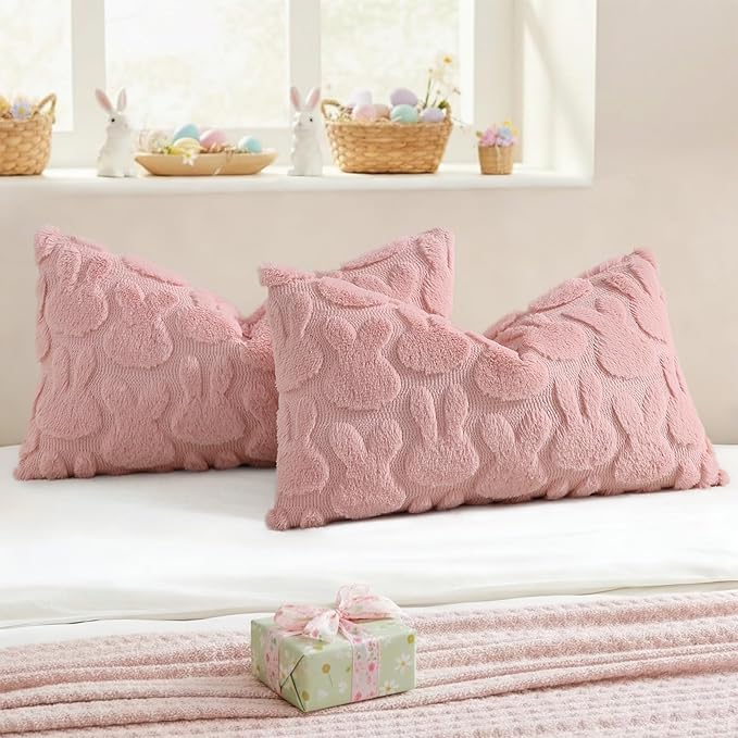 decorUhome Easter Bunny Pillow Covers 12x20 Inch Set of 2, Soft Plush Faux Wool Jacquard Pink Rabbit Cushion Covers, Farmhouse Neutral Spring Easter Holiday Decor for Couch Sofa Bed