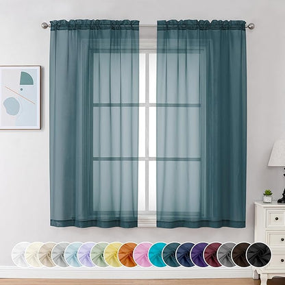 Chyhomenyc Stone Blue Sheer Curtains 54 Inch Long 2 Panels, Light Filtering Rod Pocket Voile Short Curtains Drapes for Living Room Bedroom Small Windows, 42Wx54L Inches
