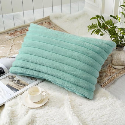 decorUhome Summer Cozy Faux Fur Throw Pillow Covers 12x20 Set of 2 Decorative Soft Plush Striped Lumbar Modern Farmhouse Boho Couch Pillow Cases with Velvet Back for Sofa Bed Living Room, Aqua