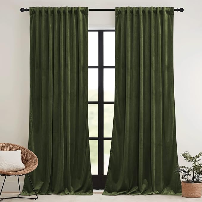 RYB HOME Olive Green Velvet Curtains with Hook Tape, Thermal Insulated Privacy Protect Decorative Drapes for Home Theater, W 42 x L 84 inches, 2 Panels Set