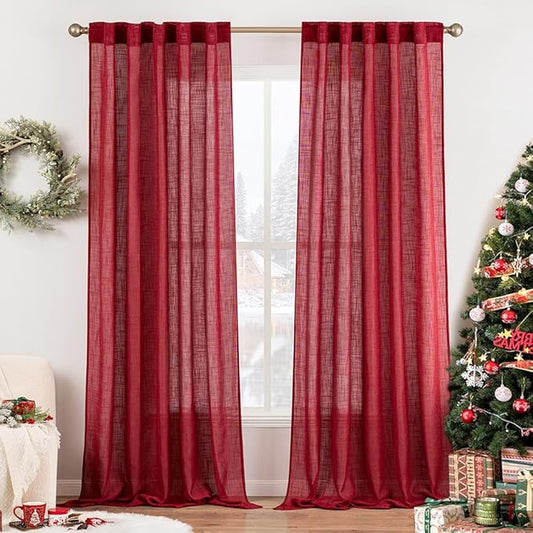 MIULEE Burgundy Red Linen Curtains 96 Inch Long for Bedroom Living Room, Soft Thick Linen Textured Window Drapes Semi Sheer Light Filtering Rod Pocket Back Tab Christmas Burlap Look, 2 Panels