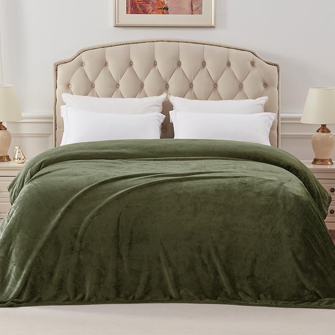 Exclusivo Mezcla Fleece Blanket King Size for Bed, Super Soft and Warm, All Season, Cozy, Plush, Lightweight, 90x104 Inches, Olive Green