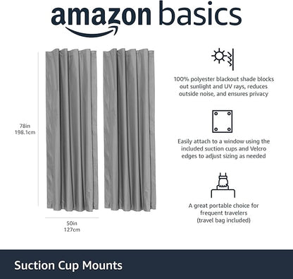 Amazon Basics Portable Energy Saving Noise Reducing Blackout Curtain Shade with Suction Cup Mounts, 50"W x 78"L, Dark Grey, 2-Pack