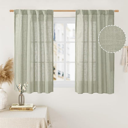LAMIT 45 Inch Length Linen Curtains for Small Window, Semi Sheer Light Filtering Panels Back Tab and Rod Pocket Neutral Drapes for Bedroom, Sage Grey, 2 Panels, 34 x 45 Inch