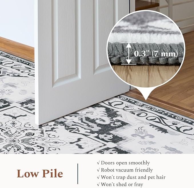 Rugflix 5x7 Area Rug for Living Room, Machine Washable Area Rugs with Non-Slip Backing, Large Soft Boho Vintage Rug for Bedroom, Dining Room, Low Pile Carpet, Kids Pet Friendly, Grey