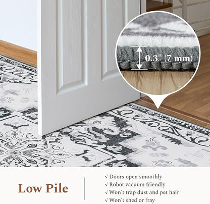 Rugflix 5x7 Area Rug for Living Room, Machine Washable Area Rugs with Non-Slip Backing, Large Soft Boho Vintage Rug for Bedroom, Dining Room, Low Pile Carpet, Kids Pet Friendly, Grey